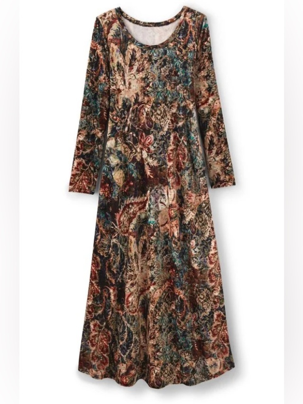 Soft Surroundings Santiago Stretch Velvet Tan Paisley Long Sleeve Maxi Dress PM